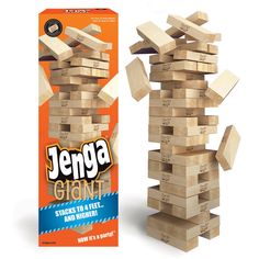 a pile of wooden blocks next to a box of jerpa