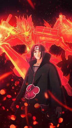 an anime character standing in front of red and yellow lights