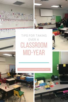 a classroom with desks and chairs in front of a whiteboard that says tips for taking over a classroom mid - year