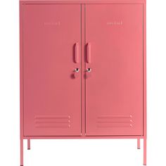 a pink metal cabinet with two doors