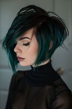 41+ Bixie (Pixie Bob) Haircut Ideas Curly Bob Hair Color Ideas, Hair Colour Ideas For Pixie Hair, Over 30 Haircut, Sleek Asymmetrical Bob, Dark Green Short Hair, Teal Short Hair, Green And Silver Hair, Bixie Colour Haircut 2024, Asymmetrical Pixie Edgy