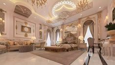 an elegant living room with fancy furniture and chandeliers on the ceiling, along with marble flooring