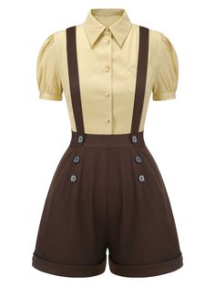 30-70% OFF✓ Fast Shipping✓Channel vintage flair with Retro Stage's 2PCS 1940s Lapel Blouse & Buttons Overall Shorts. The chic lapel blouse and buttoned overall shorts create a classic retro outfit full of charm. Magic Outfits, Blouse And Shorts, Retro Stage, Character Prompts, 50th Clothing, Standard Dress, Drawing Stuff, 1940s Fashion, Patchwork Dress