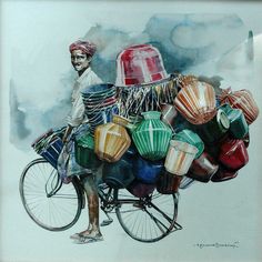 a painting of a man riding a bike with many bags on it's back