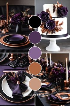 the table is decorated with purple and gold