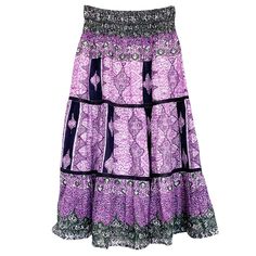 Bohemian Flowy Maxi Dress With Gathered Skirt, Flowy Boho Print Tiered Skirt, Flowy Tiered Skirt With Boho Print, Flowy Boho Print Maxi Skirt, Bohemian Maxi Dress With Lined Flared Skirt, Bohemian Midi Dress With Ruffled Skirt, Traditional Long Ruffled Skirt, Bohemian Purple Tiered Skirt, Bohemian Tiered Purple Skirt