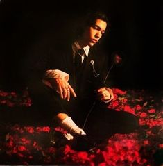 a man sitting on the ground in front of red flowers