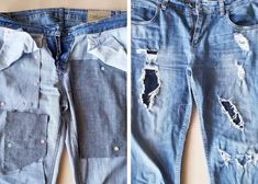 two pictures of the same pair of blue jeans with holes in them, and one has been torn off