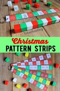 christmas pattern strips on a wooden table with text overlay