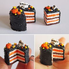 there are three pictures of a cake with halloween decorations on it and one is half eaten