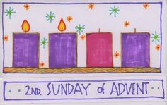 a drawing of three candles with the words 2nd sunday of advent written on them in blue and pink