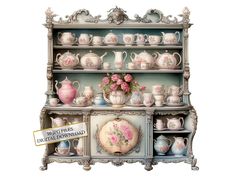 an antique china cabinet with pink flowers and teapots on it's shelves