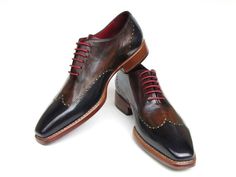 Paul Parkman Men's Wingtip Oxford Goodyear Welted Navy Red Black - Dudes Boutique Red And Black Shoes, Custom Design Shoes, Simple Shoes, Wingtip Oxford, Hand Painted Leather, Painting Leather, Black Leather Shoes, Goodyear Welt, Mens Oxfords