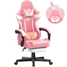 a pink office chair with bunny ears on the back and seat, sitting in front of a white background