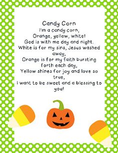 an orange pumpkin with the words candy corn on it and a green polka dot background