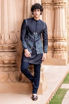 Navy blue bandhgala featuring multi-color botanical pattern thread hand embroidery. Paired with a kurta and a pant. - Aza Fashions Designer Fitted Bandhgala With Intricate Embroidery, Traditional Fitted Bandhgala With Embroidered Sleeves, Fitted Bandhgala With Embroidered Sleeves For Eid, Festive Fitted Sherwani With Embroidered Sleeves, Fitted Sets With Embroidered Sleeves For Transitional Season, Fitted Multicolor Zari Work Bandhgala, Fitted Multicolor Embroidered Sherwani With Traditional Drape, Embroidered Fitted Bandhgala, Traditional Fitted Nehru Jacket With Multicolor Embroidery