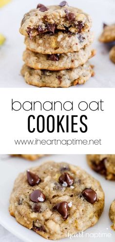 banana oat cookies with chocolate chips on top and the title above it is below