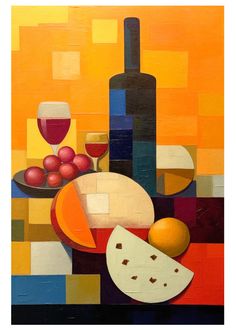 a painting of wine, cheese and fruit on a table