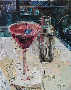 a painting of a pink cocktail on top of papers and other things in the background