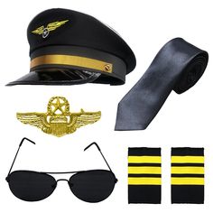 PRICES MAY VARY. 【High Quality Material】All items are made of high quality material. The hat and tie is made of cotton and plastic; sunglasses are made of plastic lenses and metal frames. 【Cool Pilot Accessories Set】Great for cosplay, Halloween party, masquerade, school classroom dress up pretend play. 【What Will You Get】The packge inclueds a pilot hat, a pair of sunglasses, a tie, a pair of pilot wings and a badge. 【Endless Fun】This product is suitable for various occasions, while it is cool, i Pilot Halloween Costume, Pilot Accessories, Pirate Captain Hat, Pilot Halloween, Flight Attendant Costume, Stewardess Costume, Captain Costume, Pilot Wings, Pilot Costume