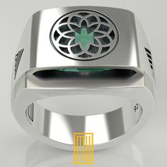 "- Special Cut Imitation Emerald Cubic Zirconia - Islamic Geometric Design - Kufic \"Allah\" written on two sides - 925k Sterling silver ✔ Rings have MU Design brand stamps and metal purity stamps to guarantee originality. ✔ Made by P.M Bro. Murat Bakis (Founder of Mu Design), every touch on his work of art is the distilled knowledge of his 40 years of a design career and in-depth knowledge of masonic and mystic history. His crafts are known and used worldwide in all masonic communities and beyo Spiritual White Gold Rings For Formal Occasions, Gia Certified Sterling Silver Rings As Gift, Gia Certified Silver Emerald Ring As Gift, Modern Gia Certified Emerald Ring Gift, Silver Emerald Ring With Polished Finish, Silver Emerald Ring With Polished Finish As Gift, Modern Sterling Silver Emerald Ring Gift, Modern Gia Certified Jewelry For Gifts, Islamic Geometric Design