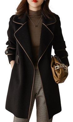 Woolen Coat Winter, Long Outerwear, Long Peacoat, Black And Khaki, Chic Outerwear, Middle Age Fashion, Peacoat Jacket, Fall Coat, Style Noir