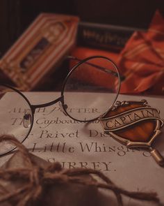 a pair of glasses sitting on top of a piece of paper next to some books