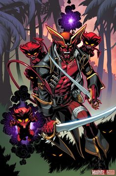 an image of a man with two swords in front of some trees and monsters on the ground