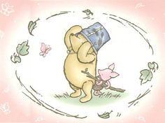 a winnie the pooh bear holding onto a pink piggy with butterflies around it