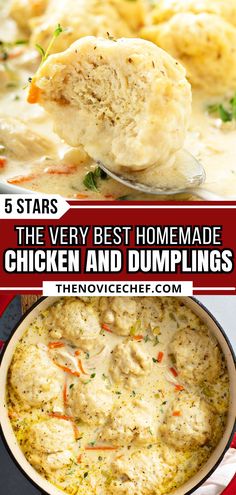 the best homemade chicken and dumplings recipe is shown in this collage with text overlay