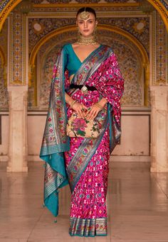 Pink saree with blouse 496B  Desc:  Style : Paithani Saree Color : Pink Fabric : Silk Work : Printed Wash Care : Dry clean Sleeve Style : Half Sleeve Long Sleeves : Done only in Custom Stitch Sleeves Lining : Done only in Custom Stitch Bust Size : 32 to 42 Inches Occasion : Festival   Diwali   Eid   Durga Pooja   Ganesh Charturthi   Dussehra. With Express Free Shipping and Custom Stitching, Buy Indian Party wedding and bridal sarees Pink saree with blouse 496B online in USA, UK and Canada from K Magenta Silk Saree, Festive Saree, Paithani Saree, Trend 2023, Patola Saree, Latest Indian Saree, Designer Sarees Collection, Latest Designer Sarees, Silk Sarees Online