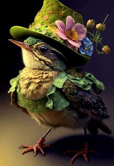 a small bird wearing a green hat with flowers on it's head and legs