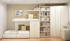 a white bunk bed sitting next to a book shelf filled with books on top of a hard wood floor