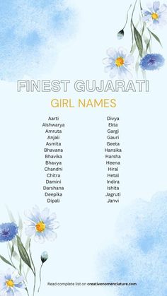 a blue and white poster with flowers on it's back cover, which reads finest guarati girl names