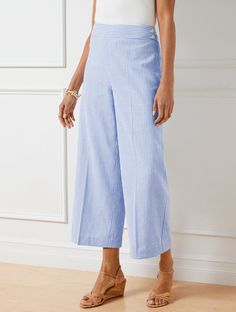 Our favorite wide leg pants tailored with a chic cropped hem. Crafted from a light linen blend for an airy feel you'll love. Breathable fabric with a fabulous drape. A key staple for effortless dressing. Features Flat Front/Trouser Wide Leg Hits High Waist Crop Length Side zip closure Lined Imported Fit: Misses: 26"; Petite: 22 1/2" Material: 52% Linen, 30% Sorona® Polyester, 18% Polyester; Lining: 100% Polyester Care: Dry Clean | Linen Blend Wide Leg Crop Pants - Sunset Stripe Talbots Pants Tailored, Clean Linen, Wide Leg Crop Pants, Crop Pants, Modern Classic, Cropped Pants, Linen Blend, Leg Pants, Side Zip