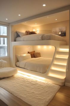 a bedroom with bunk beds and lights on the ceiling, along with white rugs