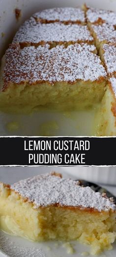 lemon custard pudding cake with powdered sugar on top and below the crust