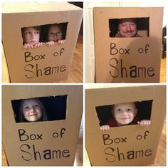 four pictures of two children in a box with the words box of shame