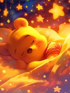 a painting of a teddy bear sleeping on a blanket with stars in the sky above it