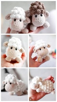 crocheted sheeps are shown in four different pictures