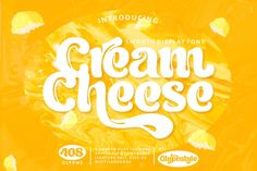 an orange and yellow background with the words cream cheese written in white ink on it