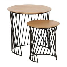 two tables with black wire and wood tops