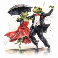 a watercolor painting of two frogs dancing in the rain with an umbrella over their heads