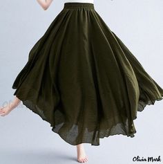 Olivia Mark - Forest Artistic Cotton Linen Midi Skirt with Elastic Waistband and A-Line Design in Solid Color Green Long Skirt, Maxi Skirt Spring, Long Green Skirt, Olive Skirt, Half Body, Womens Fall Dress, Pleated Maxi Skirt, Embroidered Maxi Dress, Long Skirts For Women