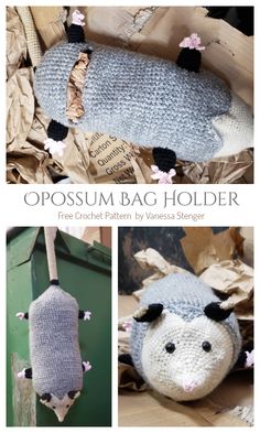 an image of a stuffed animal hanging from a string with the caption opossum bag holder