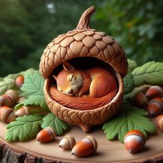 a figurine of a squirrel curled up in a basket surrounded by leaves and acorns