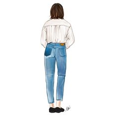 a drawing of a woman with her back to the camera, wearing jeans and a white shirt