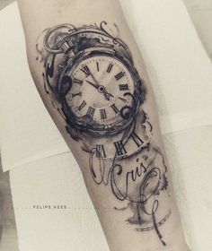 a black and white photo of a clock on the arm with writing around it that says, please