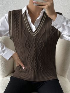 Women's Casual Striped V-Neck Loose Knit Sweater Vest, Spring/Autumn Coffee Brown Casual   Fabric Plain,Striped  Non-Stretch Spring/Fall Women Clothing, size features are:Bust: ,Length: ,Sleeve Length: How To Style A Sweater Vest, Cable Knit Sweater Vest, Sweater Vests, Knit Sweater Vest, 90s Fashion Outfits, Loose Knit Sweaters, Sweater Vest Women, Women Sweater, Casual Stripes