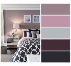 a bedroom with purple, grey and white colors on the walls next to a bed